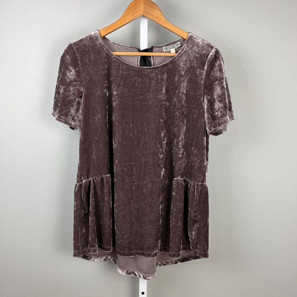 Pleione Velvet Tunic Top Womens Medium Short Sleeve Purple Boho